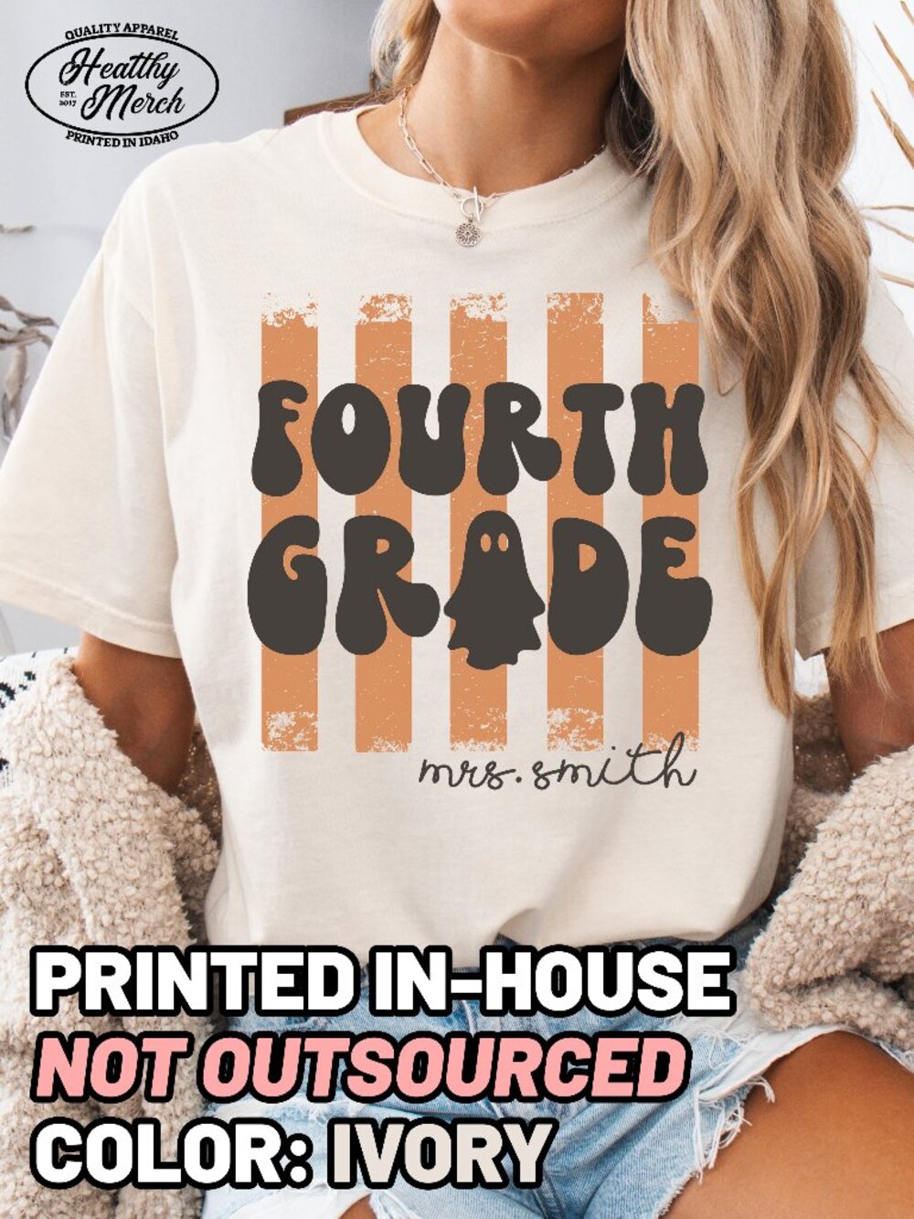 Fourth Grade Retro Stripe Halloween Teacher Shirt Comfort Colors Ivory
